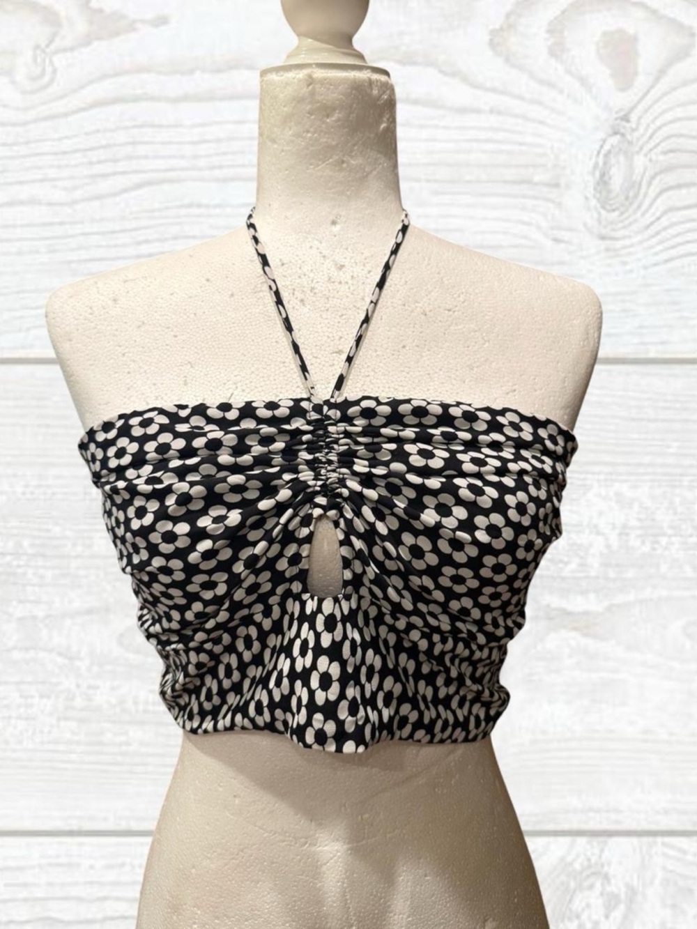 Cotton Candy LA Black & White Floral Dot Halter Ruched Crop Top